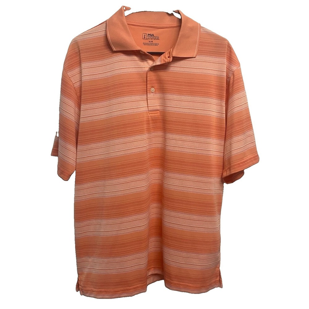 PGA TOUR Golf Polo Men's Orange Striped Pull-over Light Weight Casual Sz.‎ L